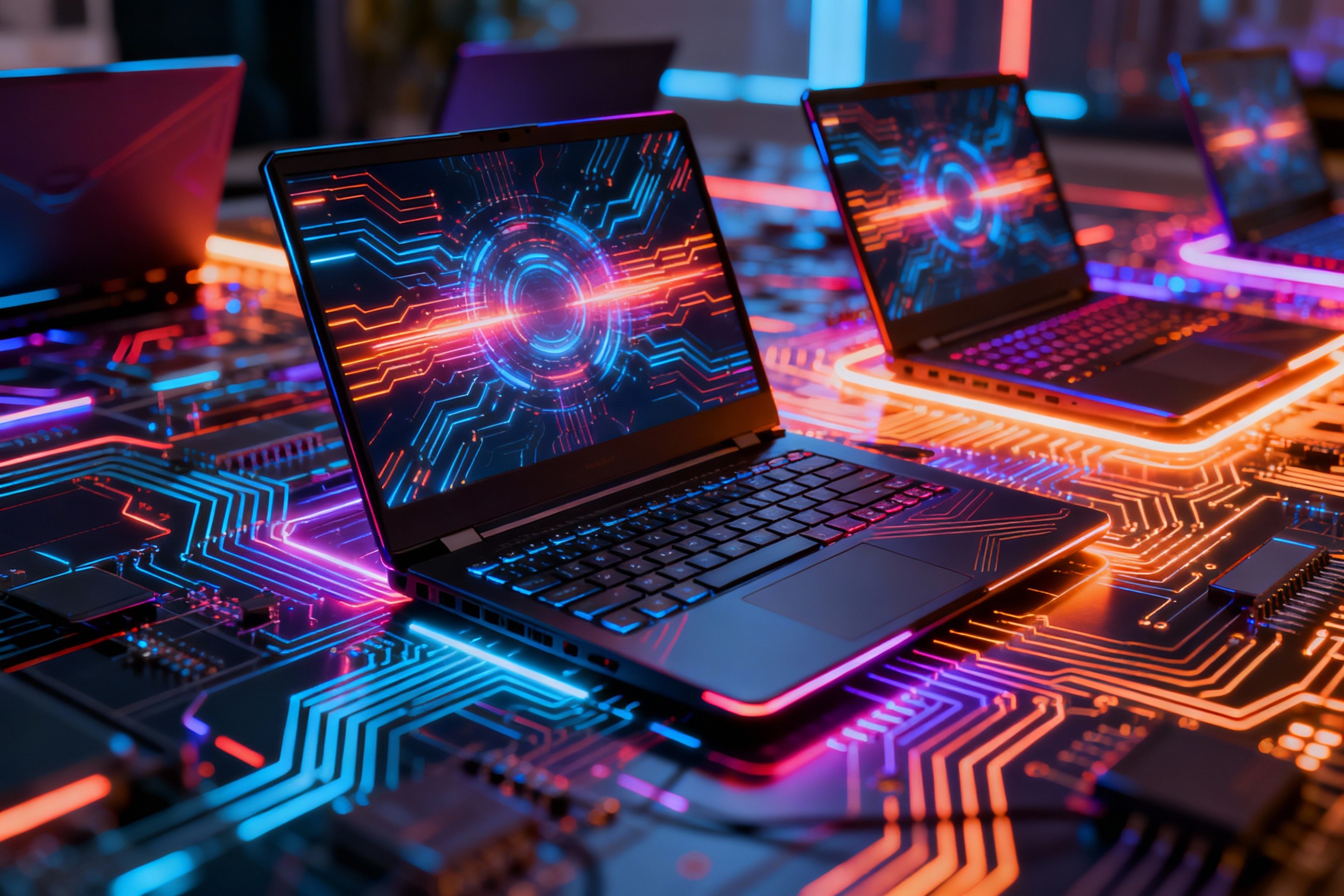 A lineup of Acer’s top 2026 laptops displayed in a futuristic digital environment