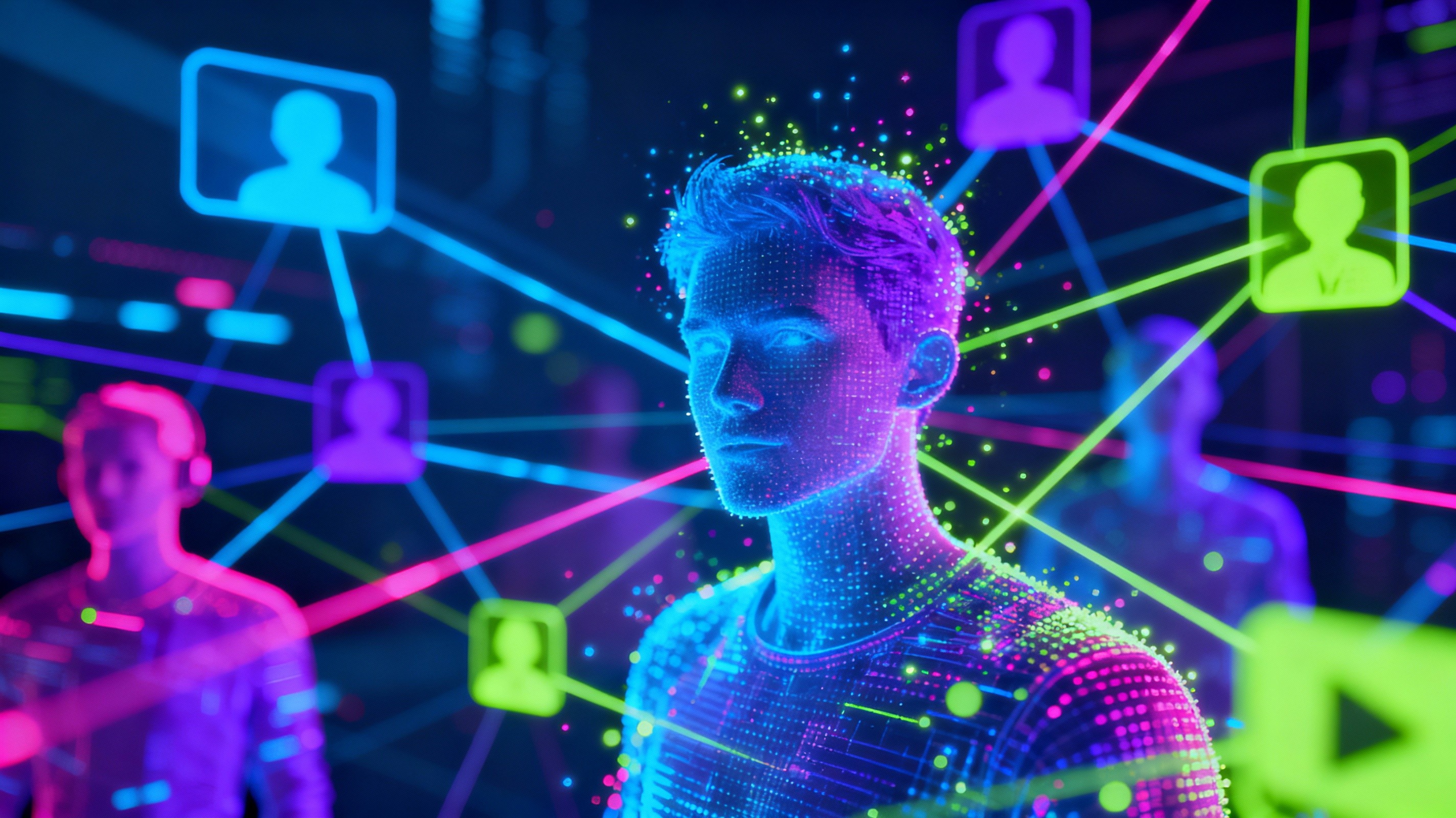 AI robot using multiple social media screens to automate posting across platforms