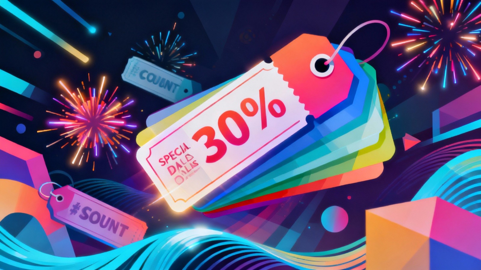 Collection of digital coupons, discount badges, promo codes, and special offers displayed in a modern 2025-themed layout