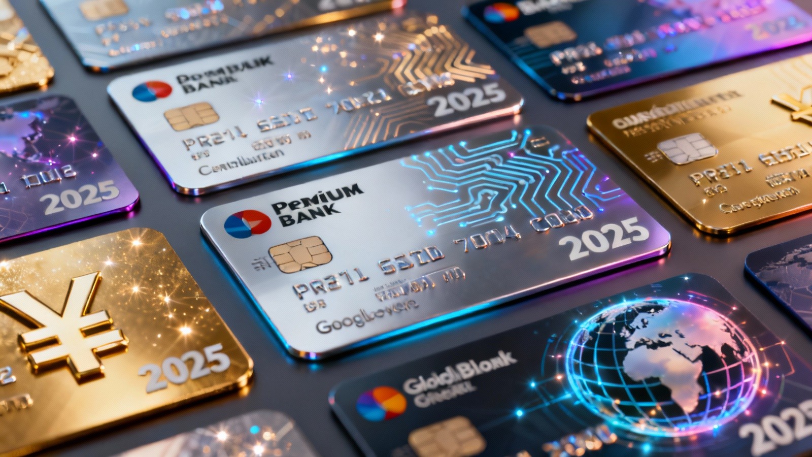 Luxury credit cards displayed on a futuristic glowing financial interface