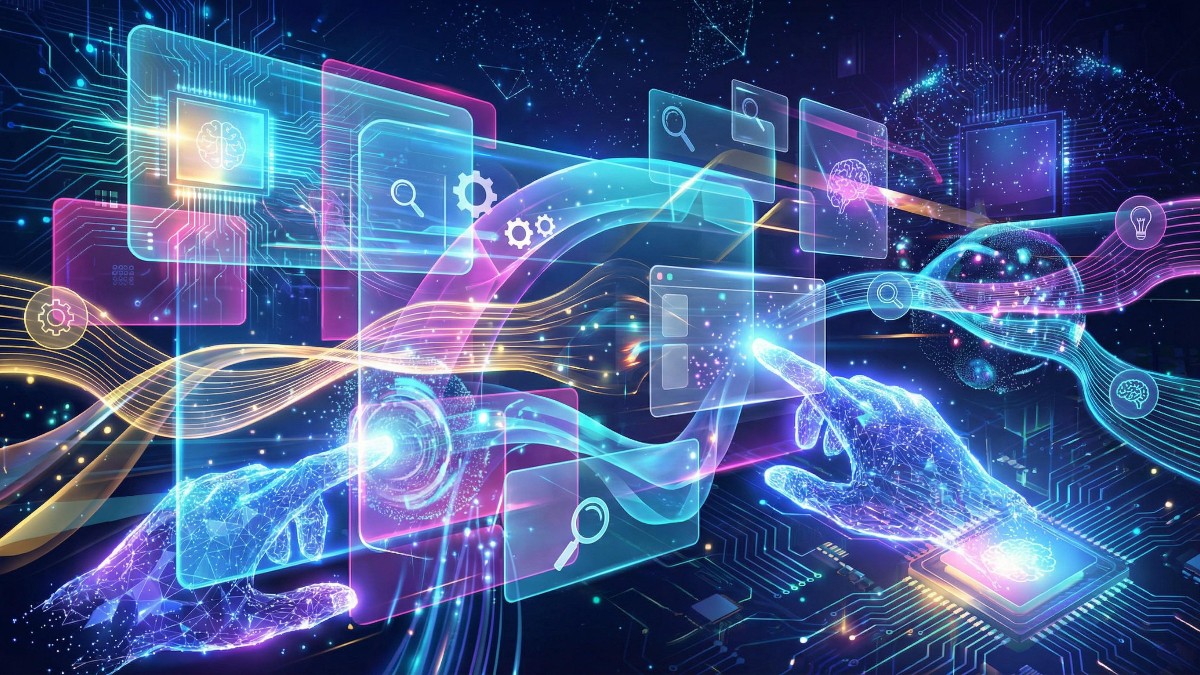 Futuristic dashboard showing dozens of free AI tools connected by digital neon lines