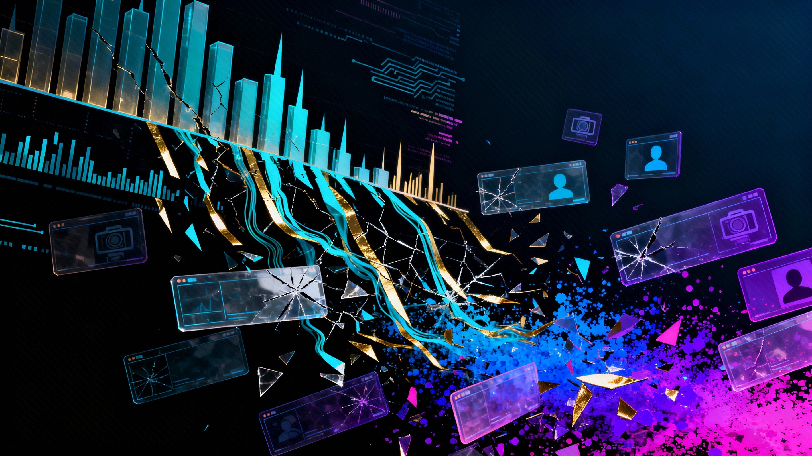 A collapsing YouTube logo breaking apart with falling revenue charts